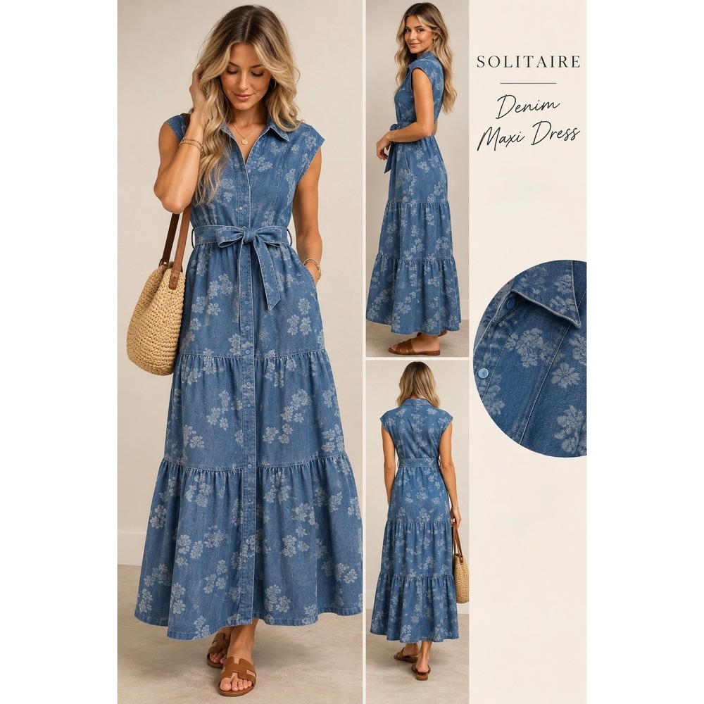 Solitaire Floral Denim Maxi Dress L Belted Tiered Button Front Cottagecore